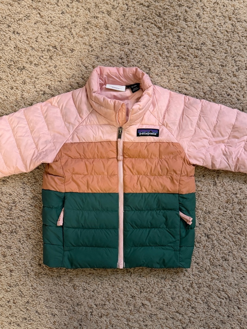 Patagonia Kids Colorblock Puffer Jacket in Light Pink, Peach & Green